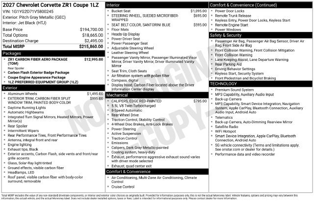 Used 2027 Chevrolet Corvette ZR1 w/ ZR1 Carbon Fiber Aero Package RWD image 7
