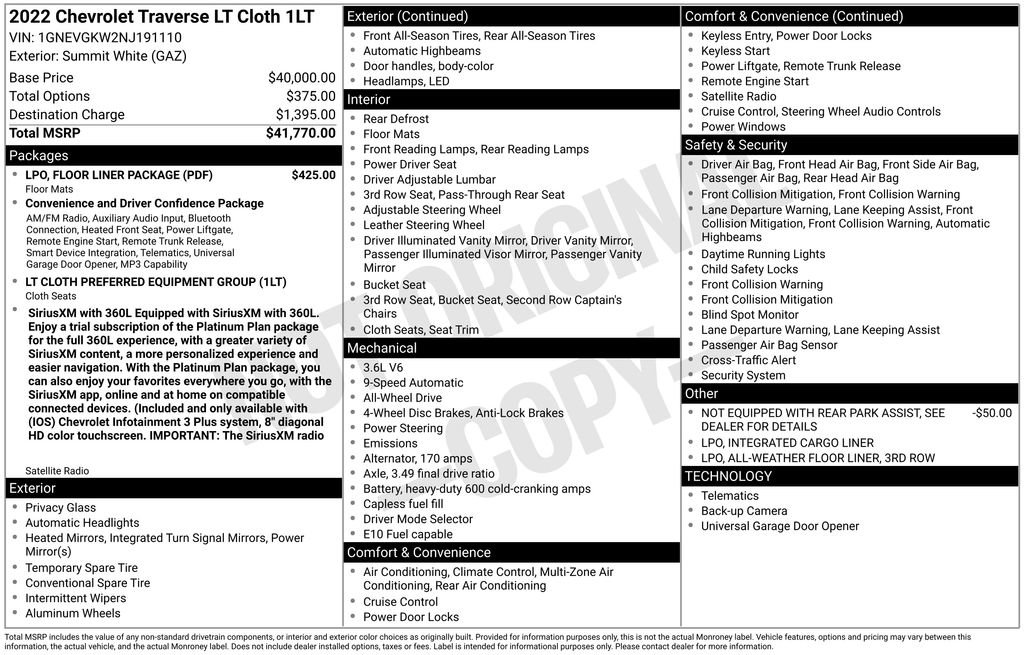 Used 2022 Chevrolet Traverse LT w/ LPO, Floor Liner Package AWD/4WD image 2
