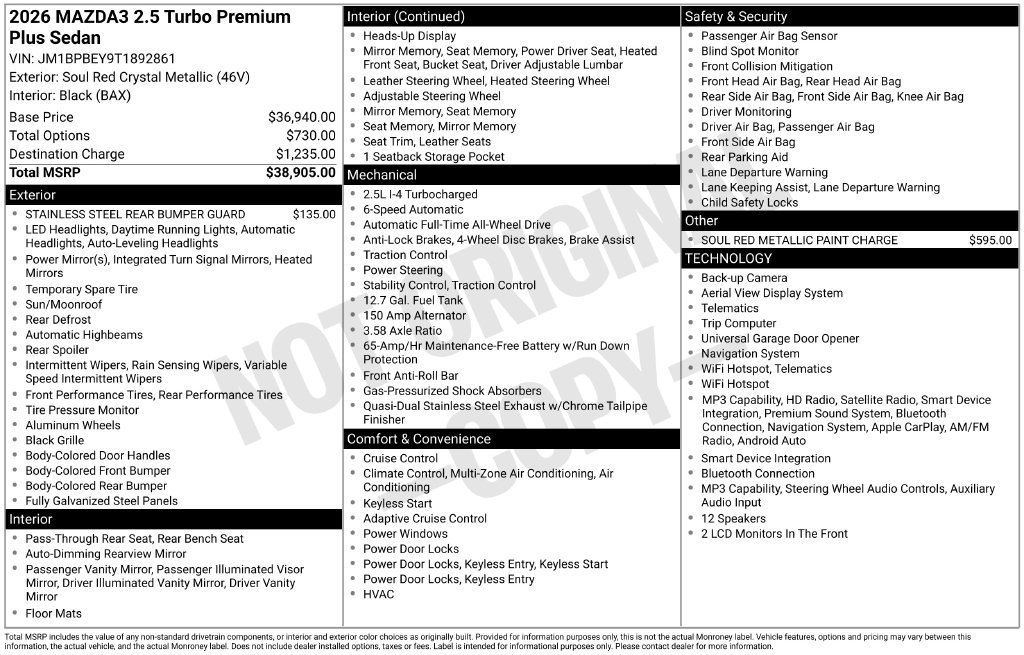 New 2026 MAZDA MAZDA3 2.5 Turbo Sedan w/Premium Plus AWD/4WD image 3