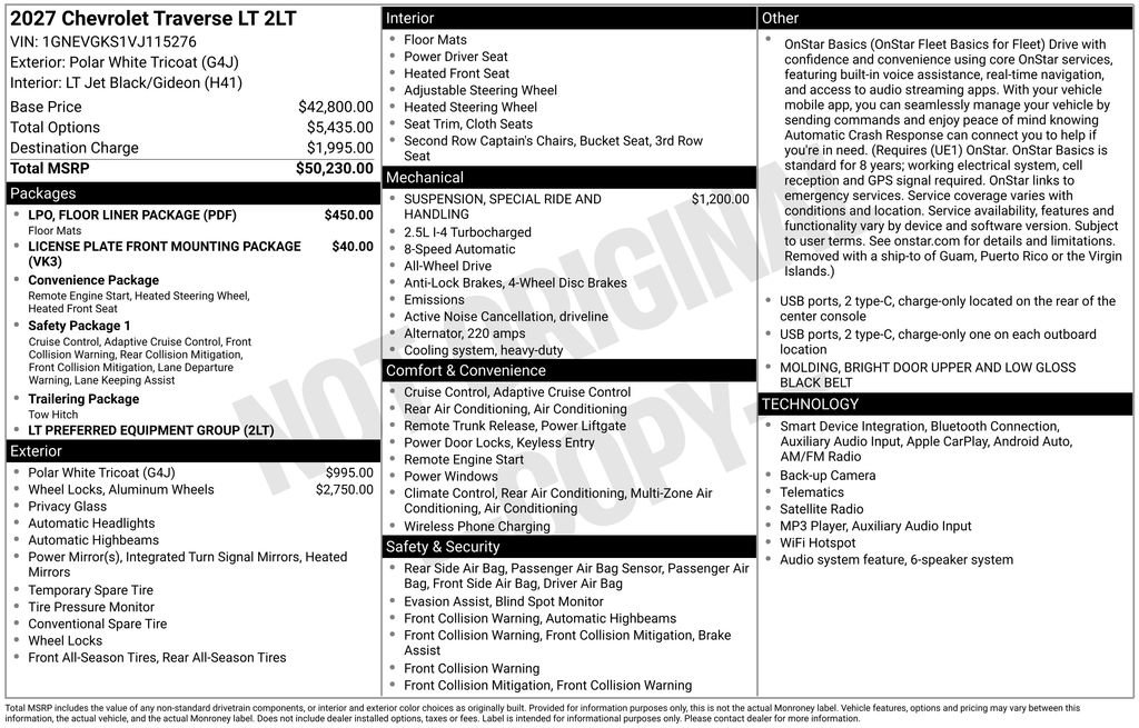 New 2027 Chevrolet Traverse LT w/ LPO, Floor Liner Package AWD/4WD image 6