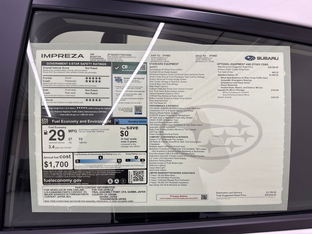 New 2026 Subaru Impreza 2.0i Sport image 28