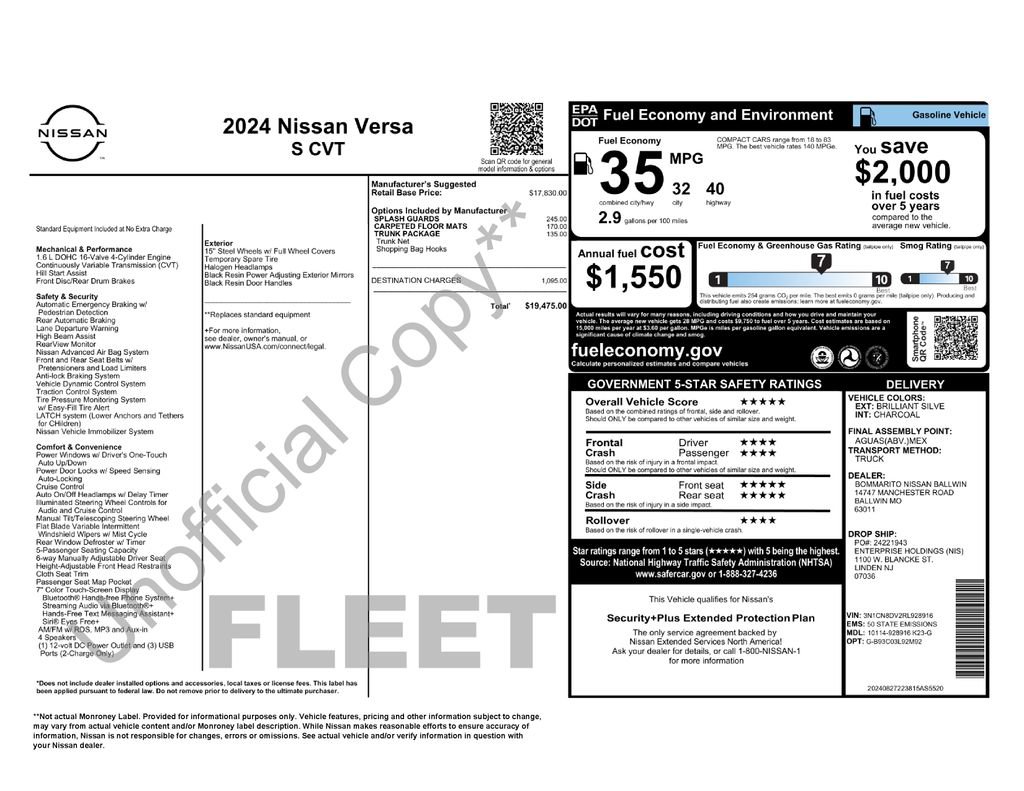 Certified 2024 Nissan Versa S w/ Trunk Package FWD image 33