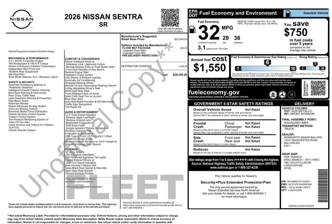 Used 2026 Nissan Sentra SR w/ Floor Mat Package FWD image 9