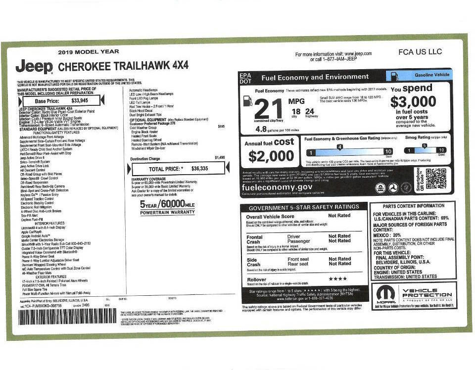 Used 2019 Jeep Cherokee Trailhawk w/ Cold Weather Group image 2