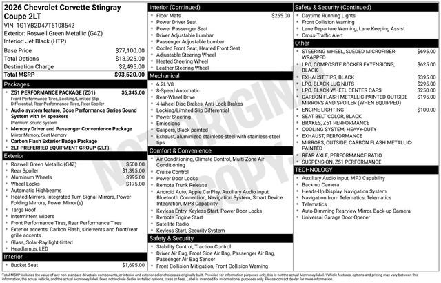 New 2026 Chevrolet Corvette Stingray Preferred Cpe w/ Z51 Performance Package RWD image 4