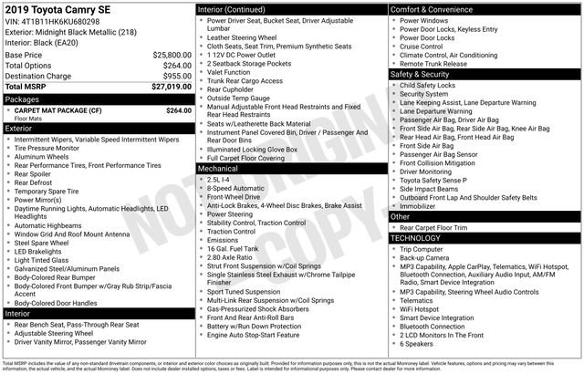 Used 2019 Toyota Camry SE w/ Carpet Mat Package FWD image 7