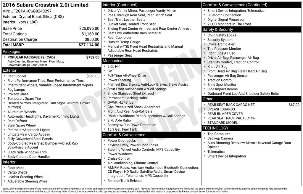 Used 2016 Subaru Crosstrek 2.0i Limited w/ Popular Package #2 image 6