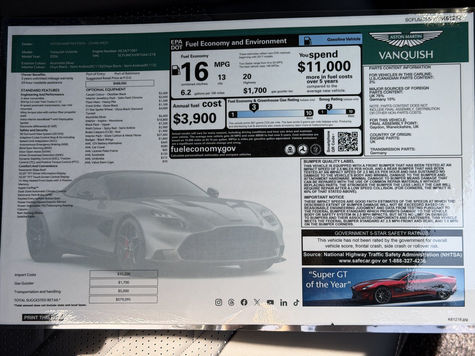 New 2026 Aston Martin Vanquish Convertible RWD image 48