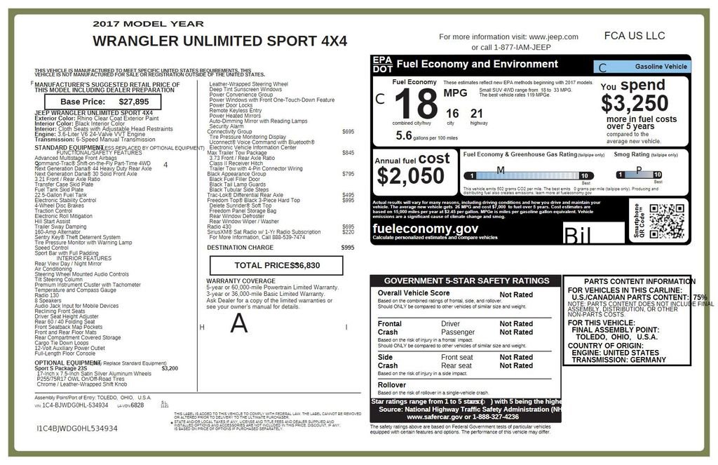 Used 2017 Jeep Wrangler Unlimited Sport w/ Quick Order Package 23S AWD/4WD image 33