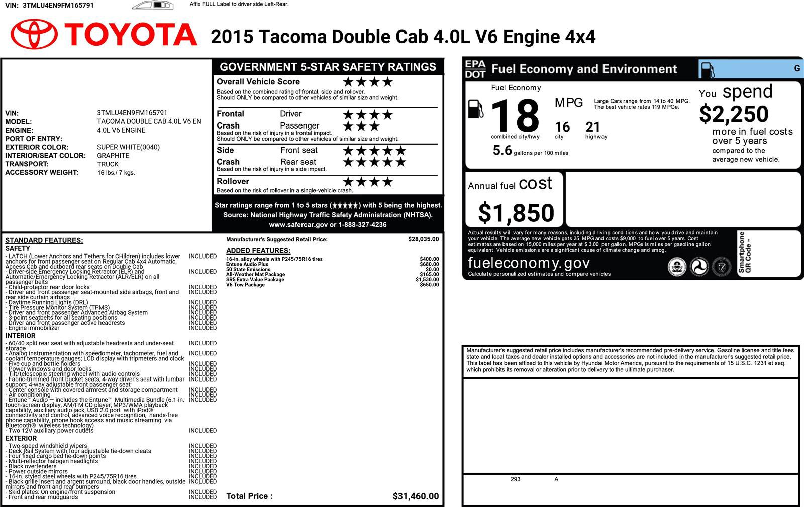 Used 2015 Toyota Tacoma 4x4 Double Cab w/ SR5 Package image 21