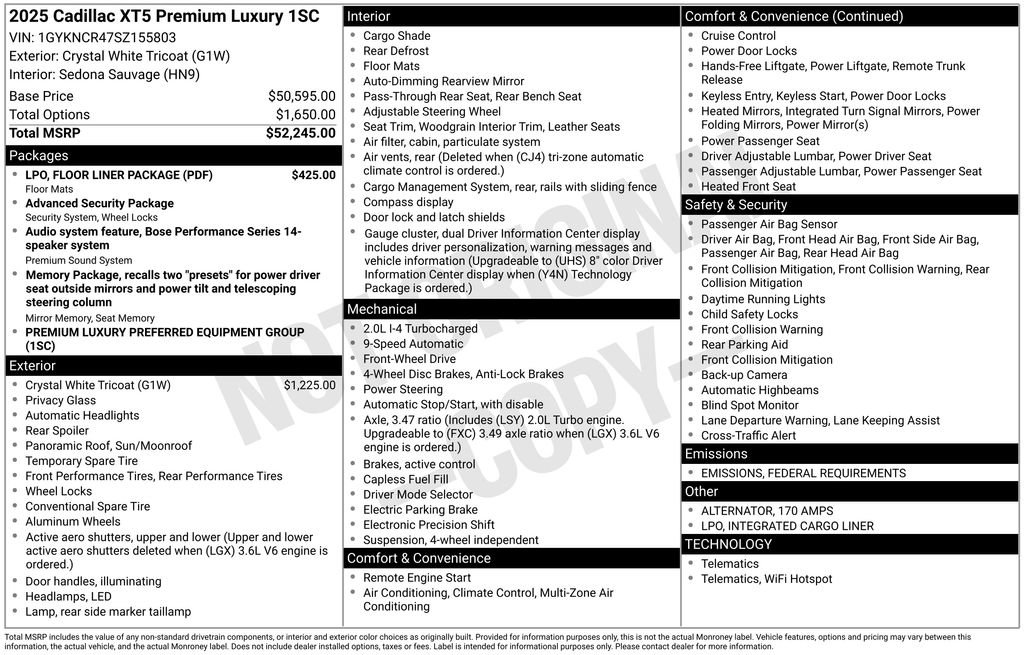 New 2025 Cadillac XT5 Premium Luxury w/ LPO, Floor Liner Package image 4