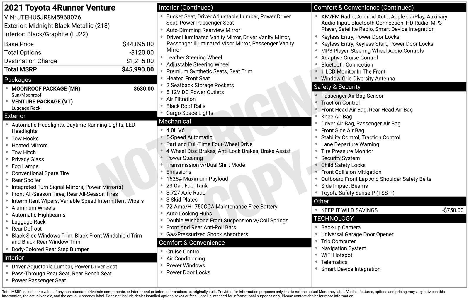 Used 2021 Toyota 4Runner Venture w/ Moonroof Package image 3