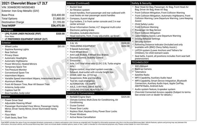 Used 2021 Chevrolet Blazer LT w/ LPO, Floor Liner Package FWD image 33