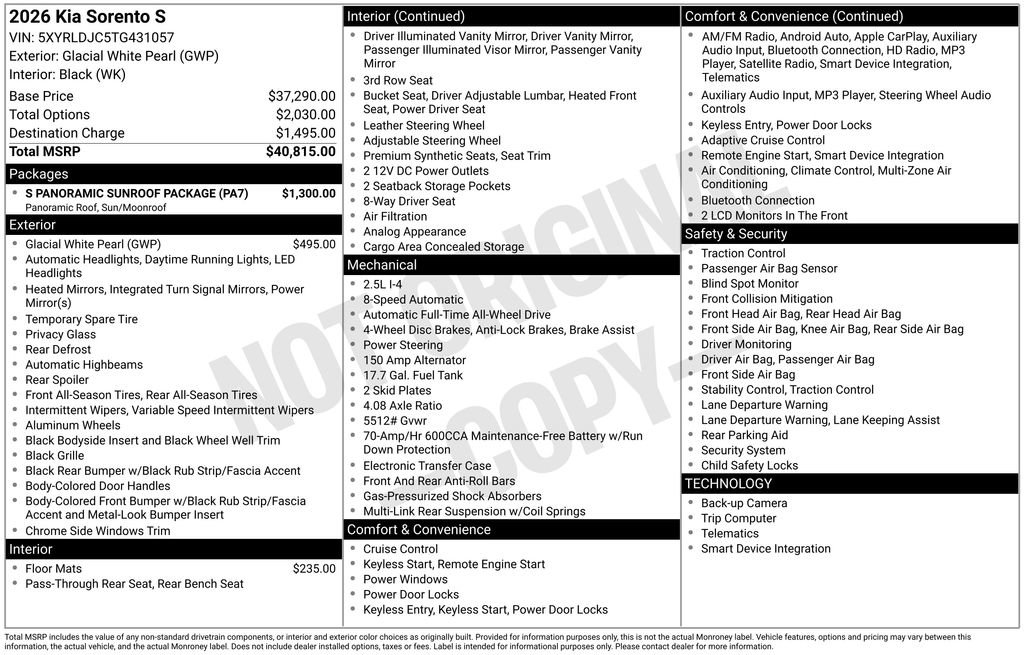 New 2026 Kia Sorento S w/ S Panoramic Sunroof Package image 32