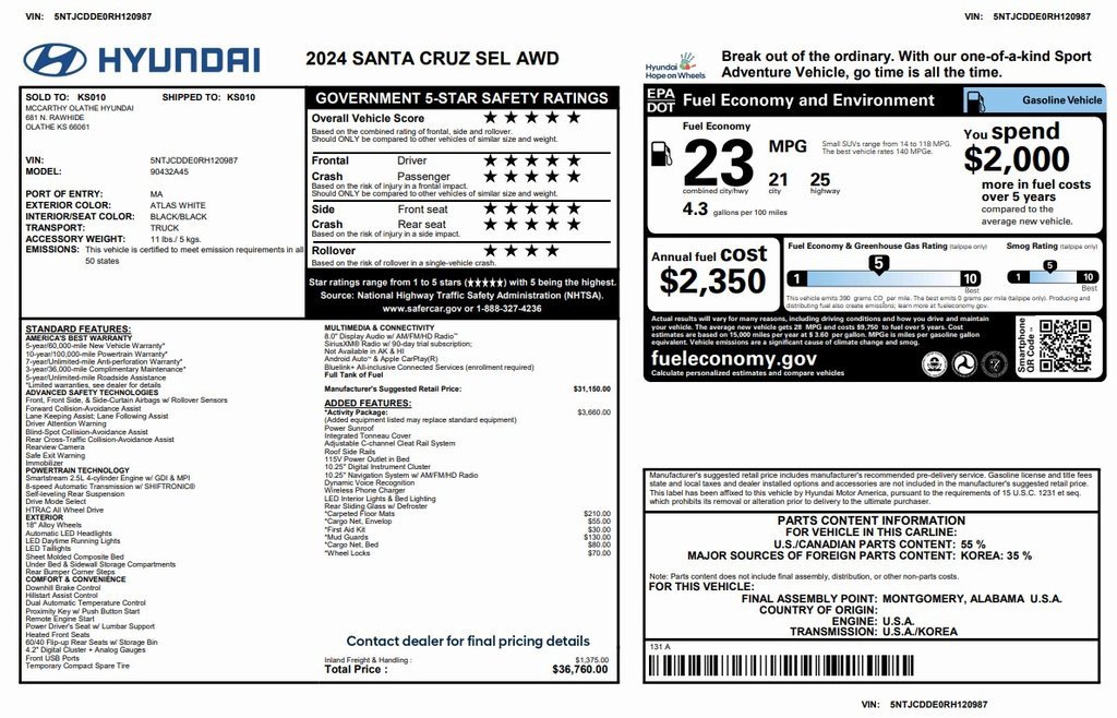 Certified 2024 Hyundai Santa Cruz SEL w/ Activity Package image 29