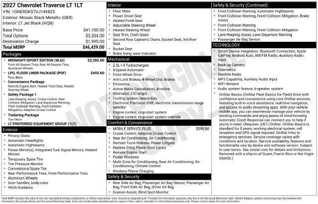 New 2027 Chevrolet Traverse LT w/ Midnight/Sport Edition FWD image 4