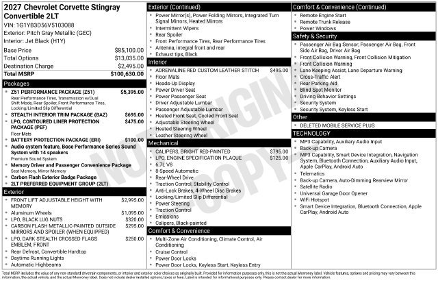 New 2027 Chevrolet Corvette Stingray Convertible w/ Z51 Performance Package RWD image 4