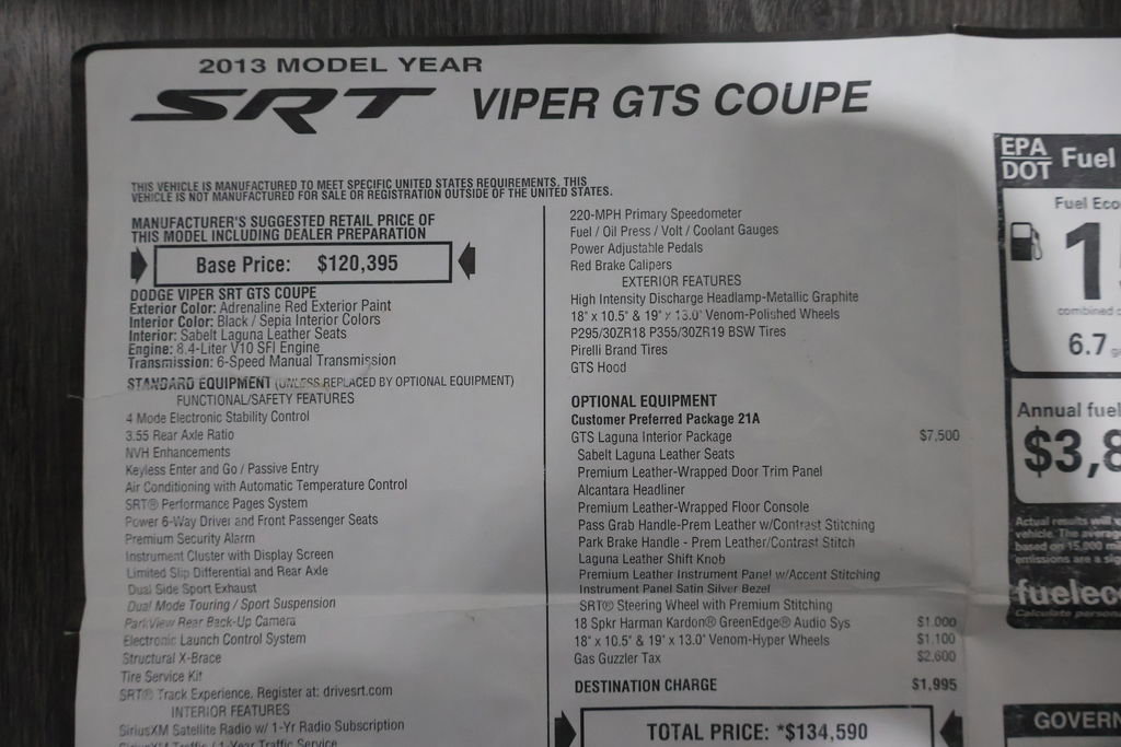 Used 2013 SRT Viper GTS w/ GTS Laguna Interior Pkg image 73