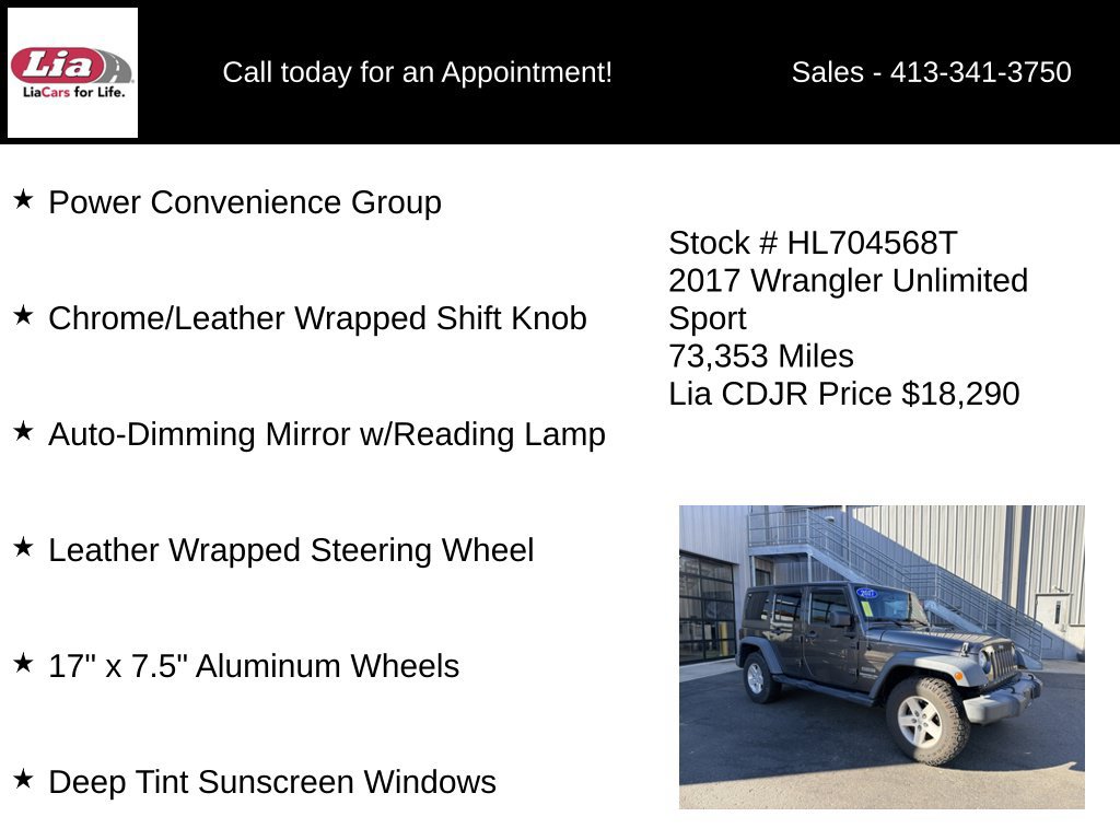 Certified 2017 Jeep Wrangler Unlimited Sport w/ Quick Order Package 24S AWD/4WD image 16