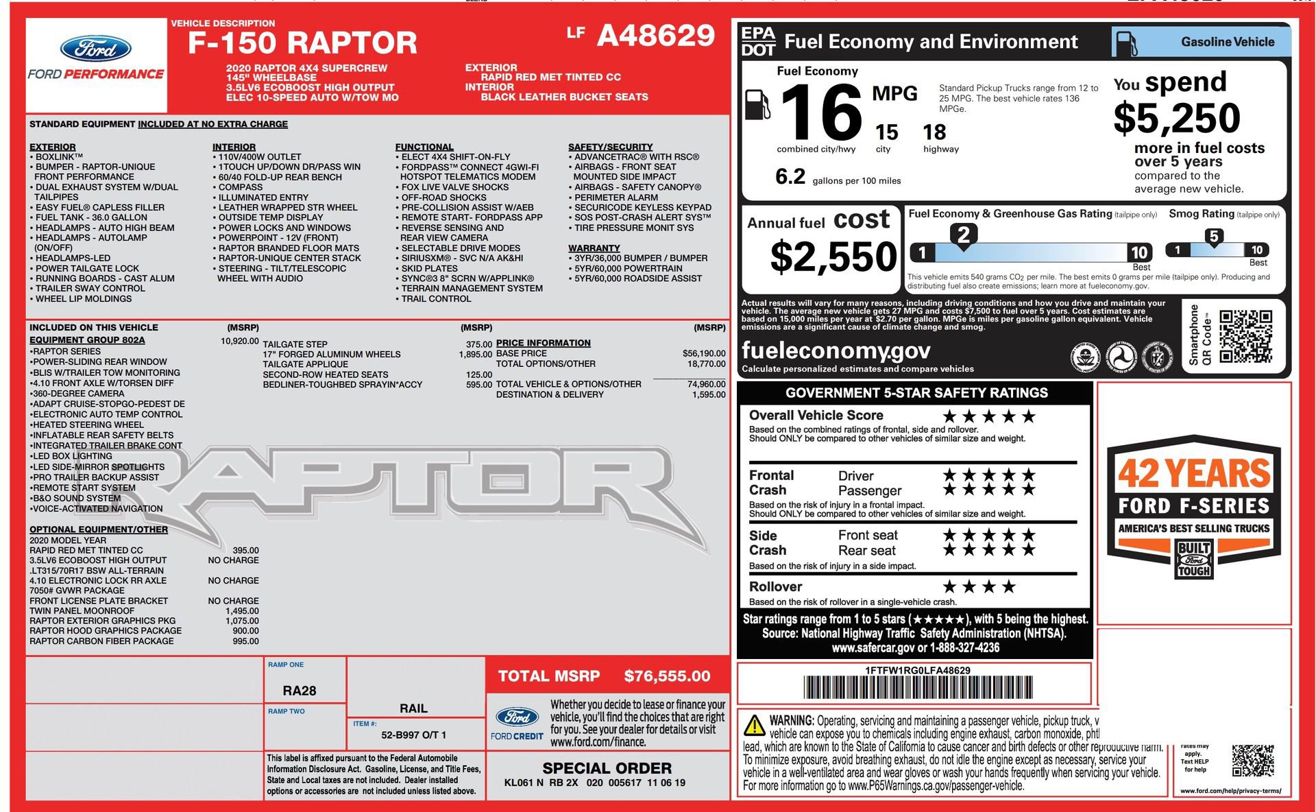 Used 2020 Ford F150 Raptor w/ Equipment Group 802A Luxury image 56