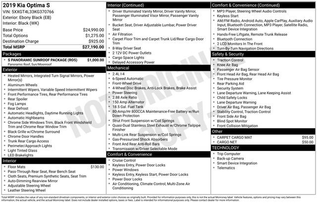 Used 2019 Kia Optima S w/ S Panoramic Sunroof Package image 7