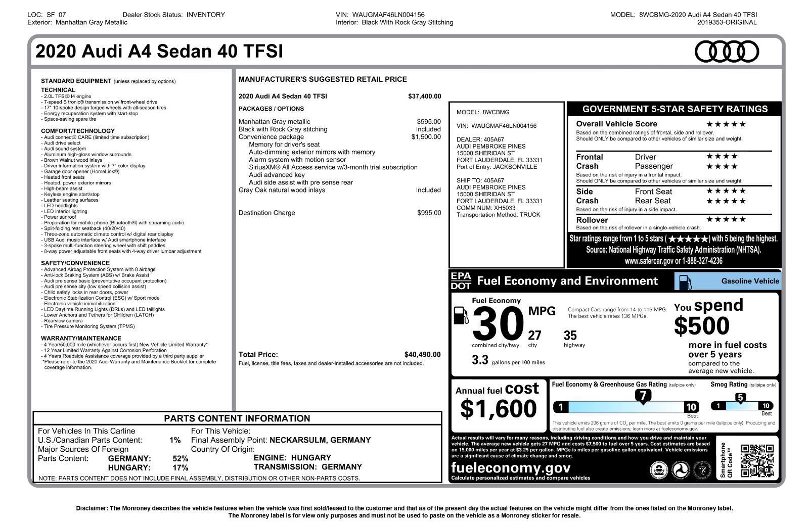 Used 2020 Audi A4 2.0T Premium w/ Convenience Package image 41