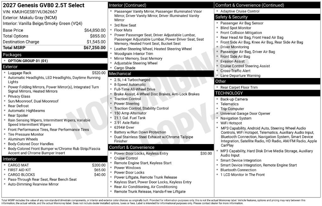 New 2027 Genesis GV80 2.5T Select AWD/4WD image 16