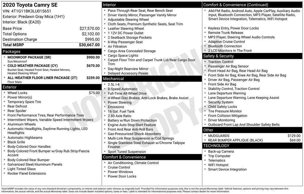 Used 2020 Toyota Camry SE w/ Moonroof Package image 3