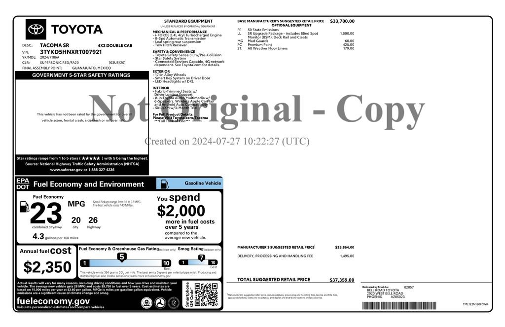 Used 2024 Toyota Tacoma SR w/ SR Upgrade Package RWD image 4