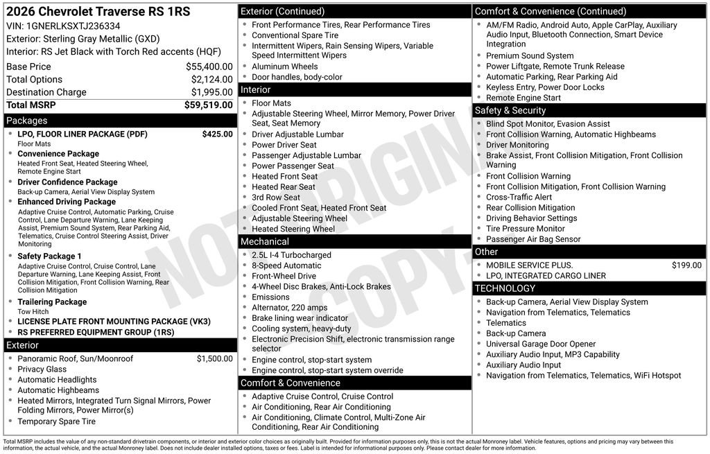 New 2026 Chevrolet Traverse RS w/ LPO, Floor Liner Package FWD image 25
