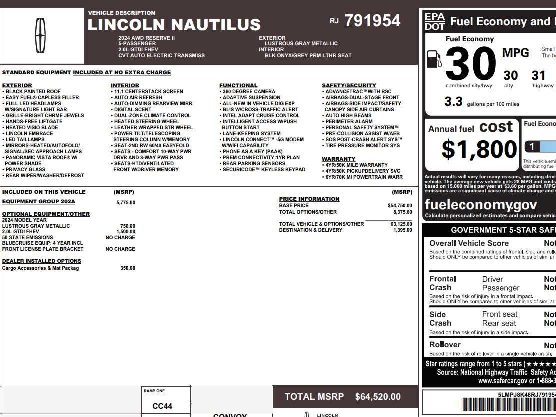 Used 2024 Lincoln Nautilus Reserve w/ Equipment Group 202A image 2
