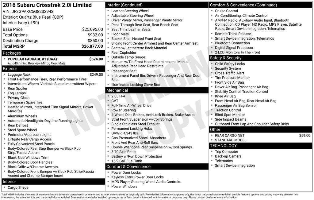 Used 2016 Subaru Crosstrek 2.0i Limited w/ Popular Package #1 image 6