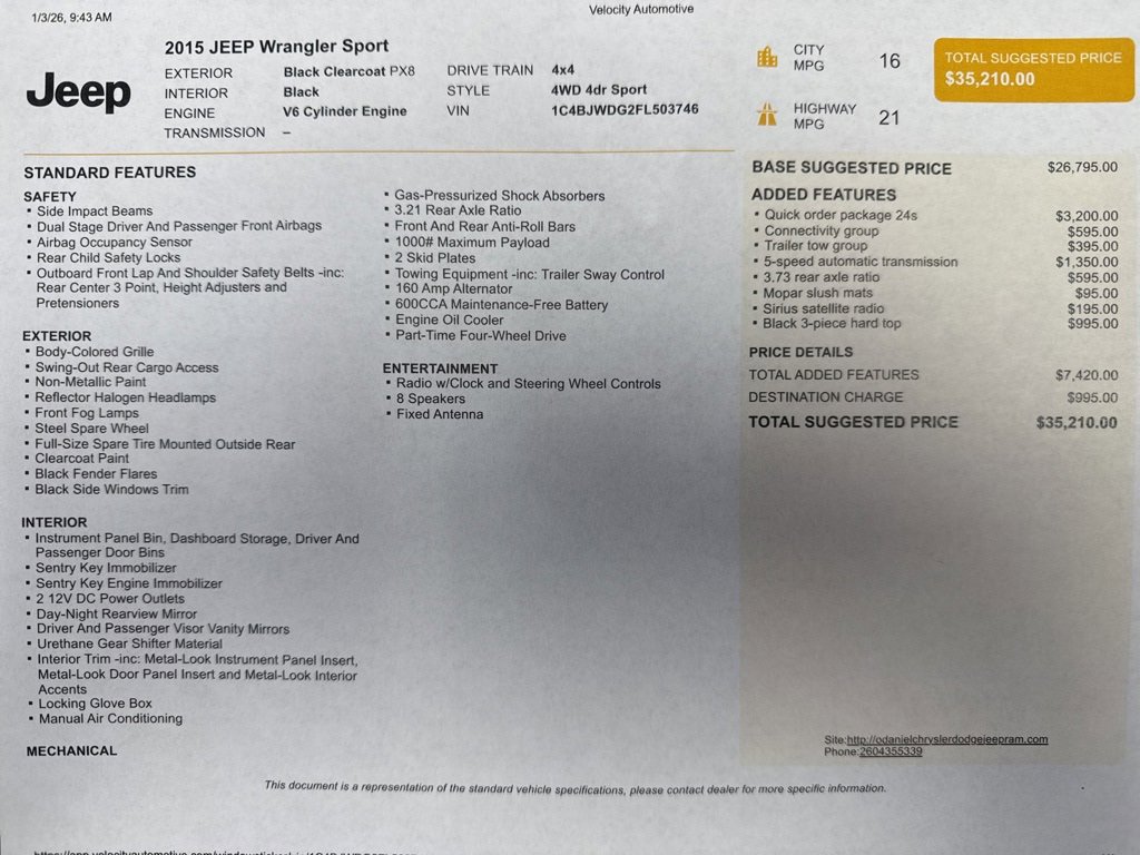 Used 2015 Jeep Wrangler Unlimited Sport w/ Quick Order Package 24S image 24