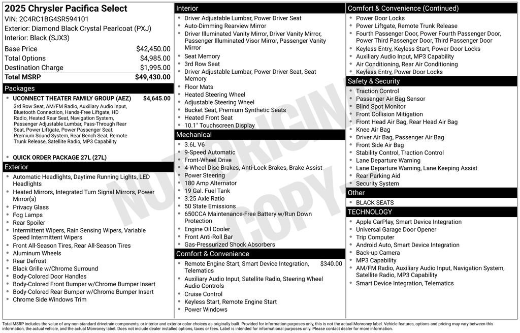 New 2025 Chrysler Pacifica Select w/ Uconnect Theater Family Group FWD image 6