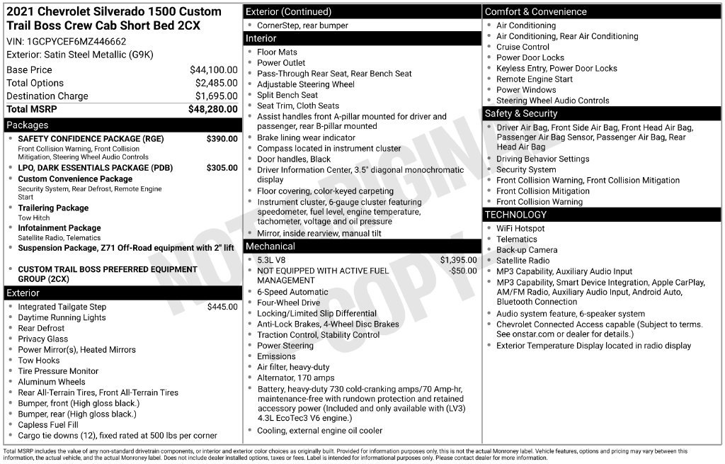 Used 2021 Chevrolet Silverado 1500 Custom Trail Boss w/ Safety Confidence Package AWD/4WD image 14