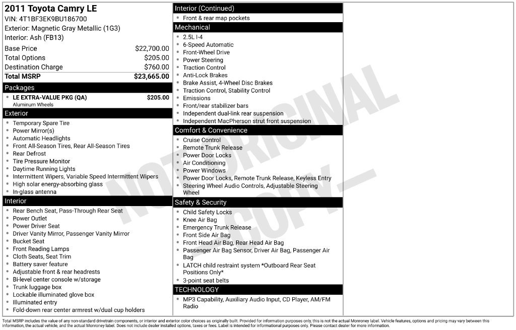 Used 2011 Toyota Camry LE w/ LE Extra-Value Pkg FWD image 3