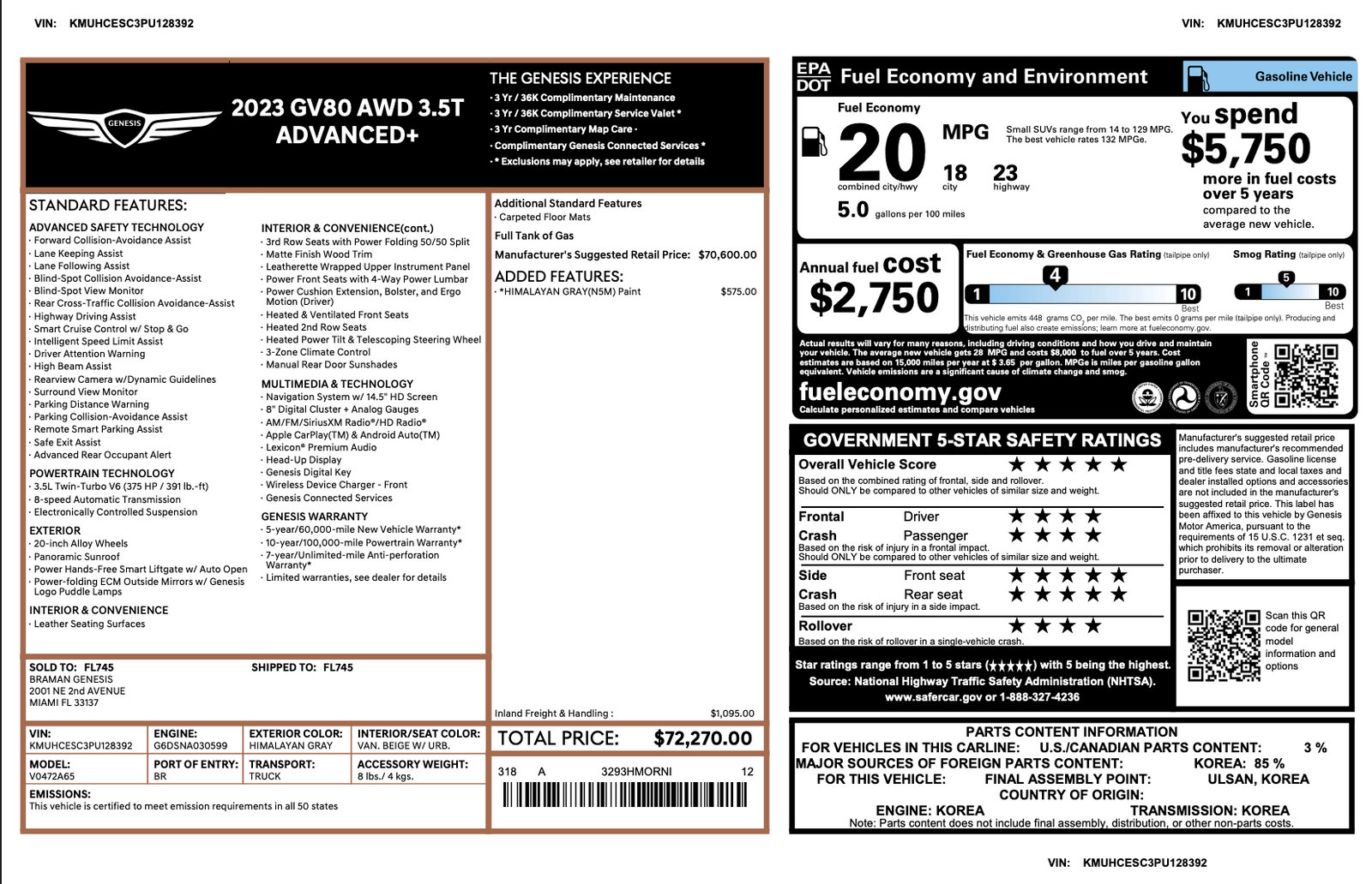 Certified 2023 Genesis GV80 3.5T Advanced + AWD/4WD image 3