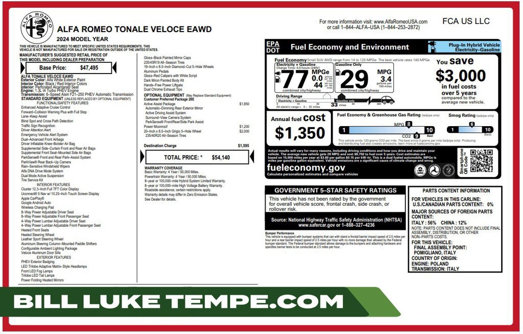 Used 2024 Alfa Romeo Tonale Veloce w/ Active Assist Package AWD/4WD image 1