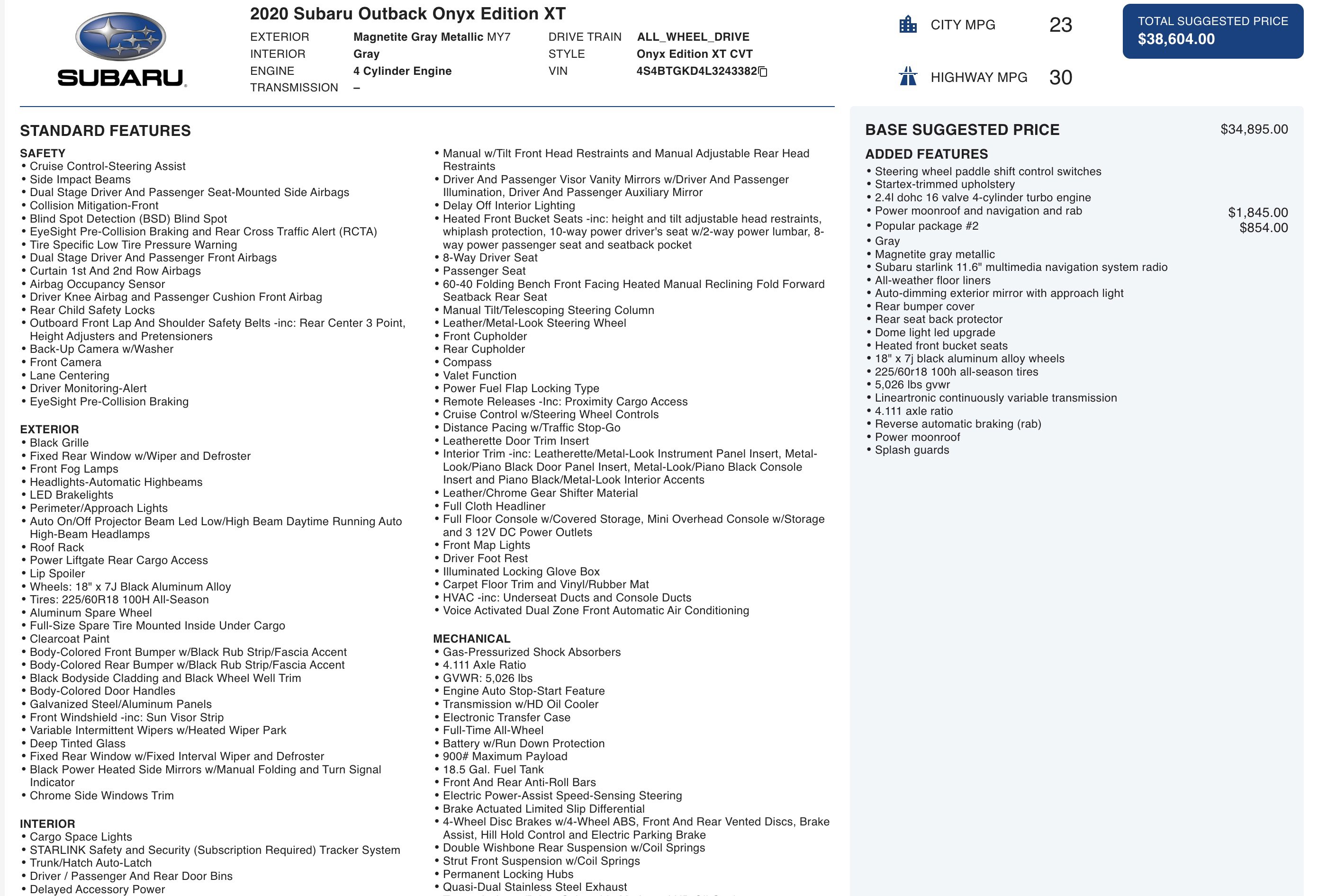 Used 2020 Subaru Outback Onyx Edition XT w/ Popular Package #2 image 5