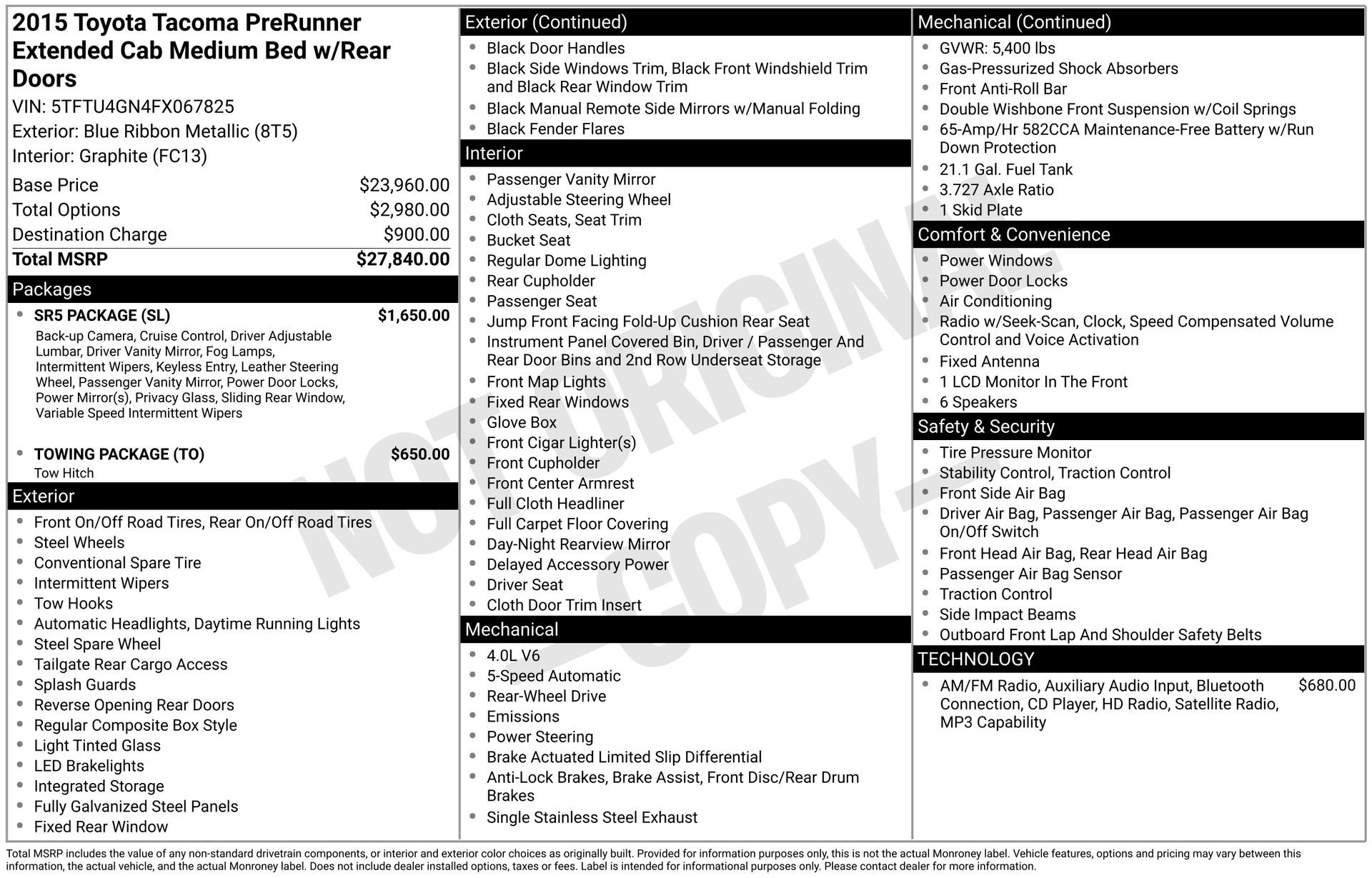 Used 2015 Toyota Tacoma PreRunner w/ SR5 Package RWD image 1