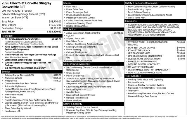 New 2026 Chevrolet Corvette Stingray Premium Conv w/ Z51 Performance Package image 10