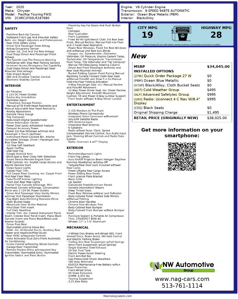 Used 2020 Chrysler Pacifica Touring w/ Advanced Safetytec Group FWD image 2