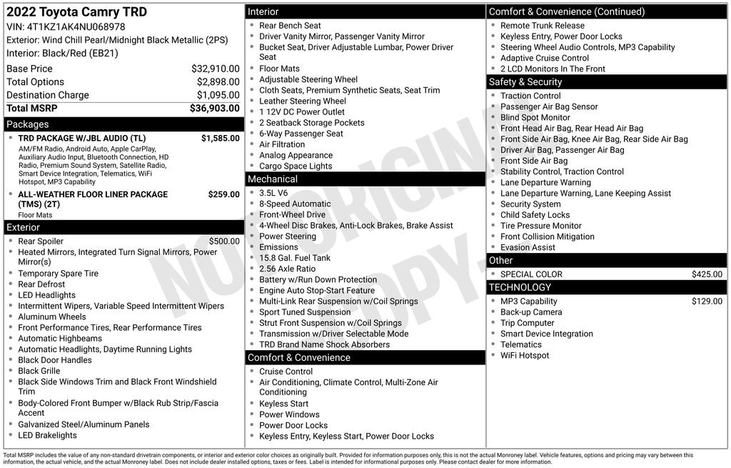 Used 2022 Toyota Camry TRD w/ TRD Package w/JBL Audio FWD image 3