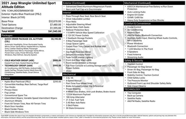 Used 2021 Jeep Wrangler Unlimited Sport AWD/4WD image 2