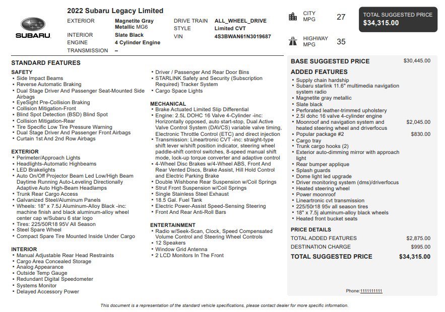 Used 2022 Subaru Legacy Limited w/ Popular Package #2 image 36