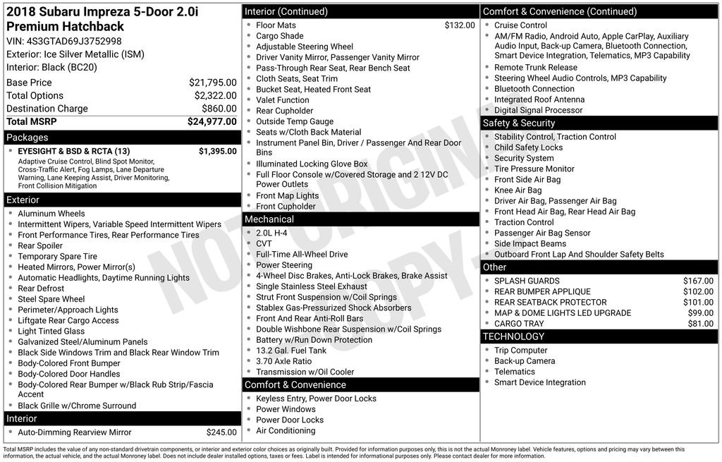 Used 2018 Subaru Impreza 2.0i Premium w/ Eyesight & BSD & Rcta image 7