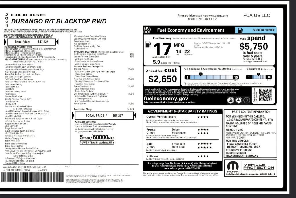 Used 2021 Dodge Durango R/T w/ Blacktop Package RWD image 2