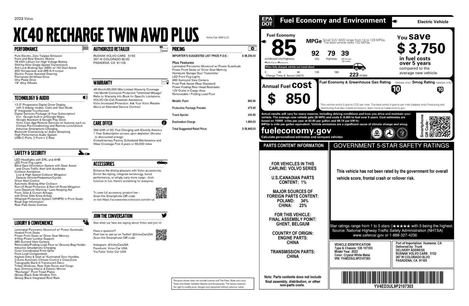 Used 2023 Volvo XC40 Recharge Plus w/ Protection Package Premier image 54