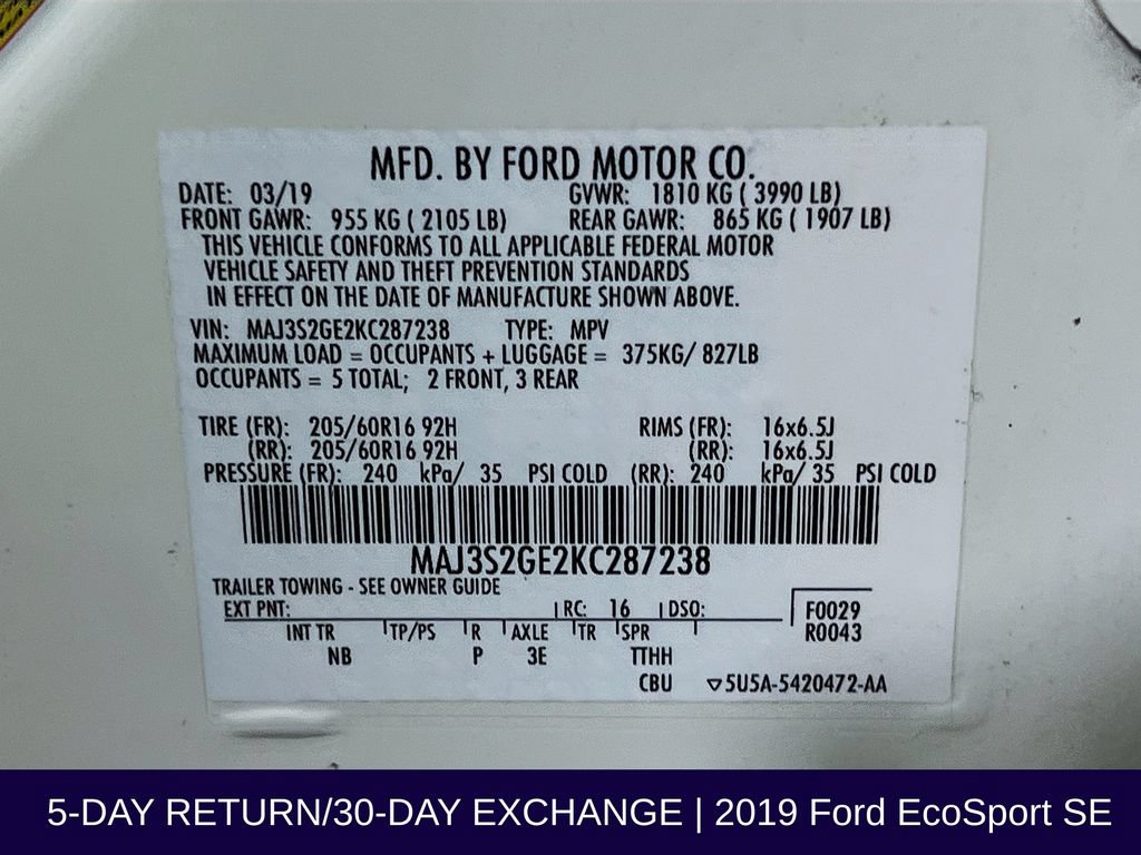 Used 2019 Ford EcoSport SE FWD image 35