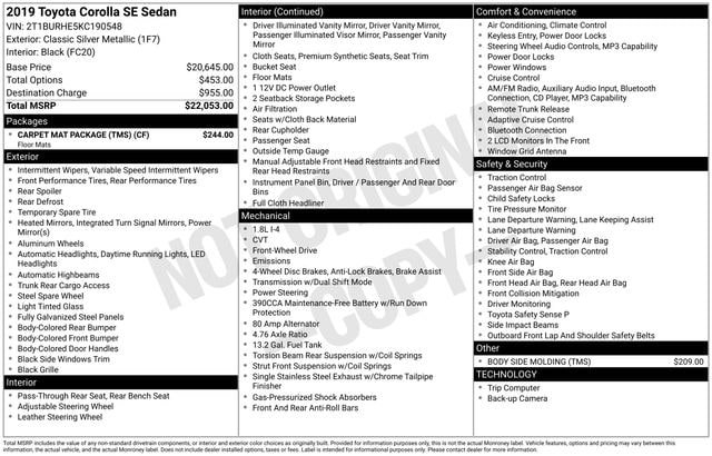 Used 2019 Toyota Corolla SE w/ Carpet Mat Package (TMS) FWD image 16